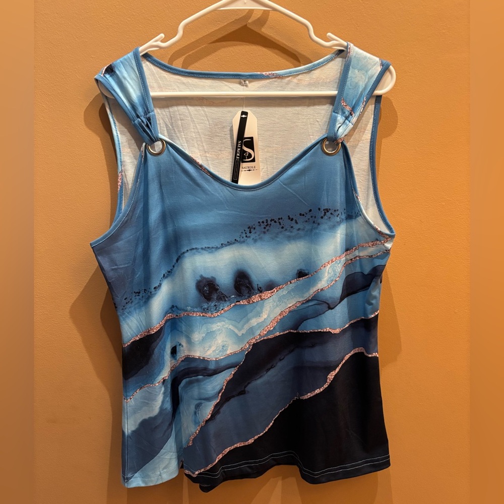 Saukole Tank Top Size Large NWT Blue Abstract